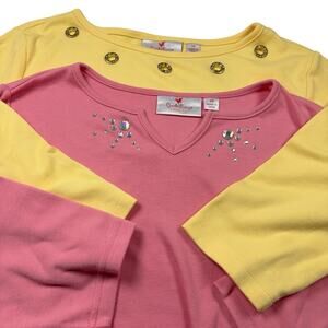 Lot of 2 Quacker Factory Shirts Women's Size XS Peach & Yellow 3/4 Sleeve Beaded